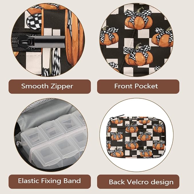 Travel Pill Organizer Black White Plaid Pumpkin Small Pill Case