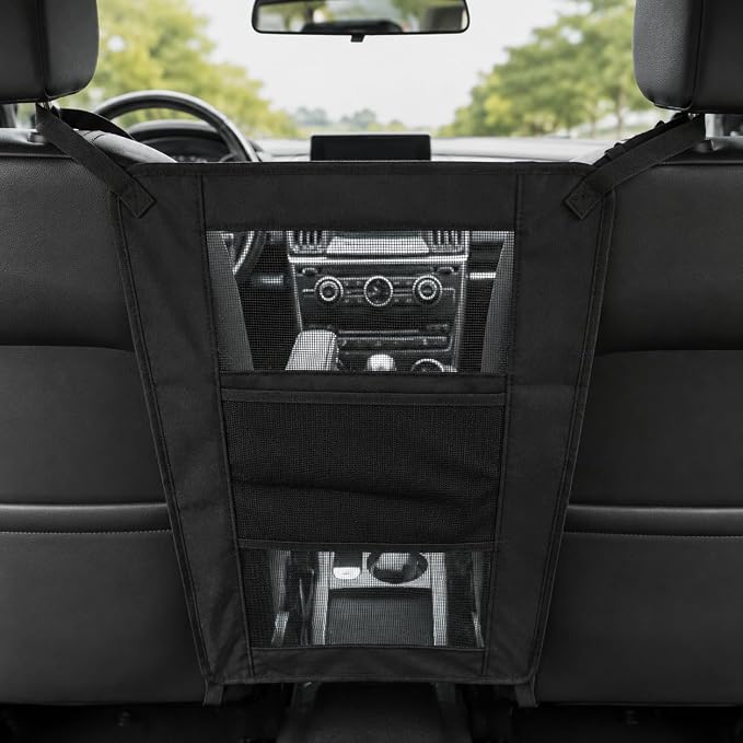 Dog Car Barrier for Backseat, Pet Safety Net with Storage Pockets, Prevents Dogs from Jumping to Front Seat, Easy Install, Fits Most Cars SUVs Trucks