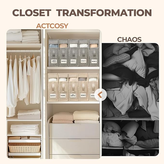 Sheet Organizers and Storage with Handles – Foldable Linen Closet Storage for King & Queen Sheet Sets – Clear Window & Removable Labels – Dustproof & Space-Saving Design, Grey,6 Pack