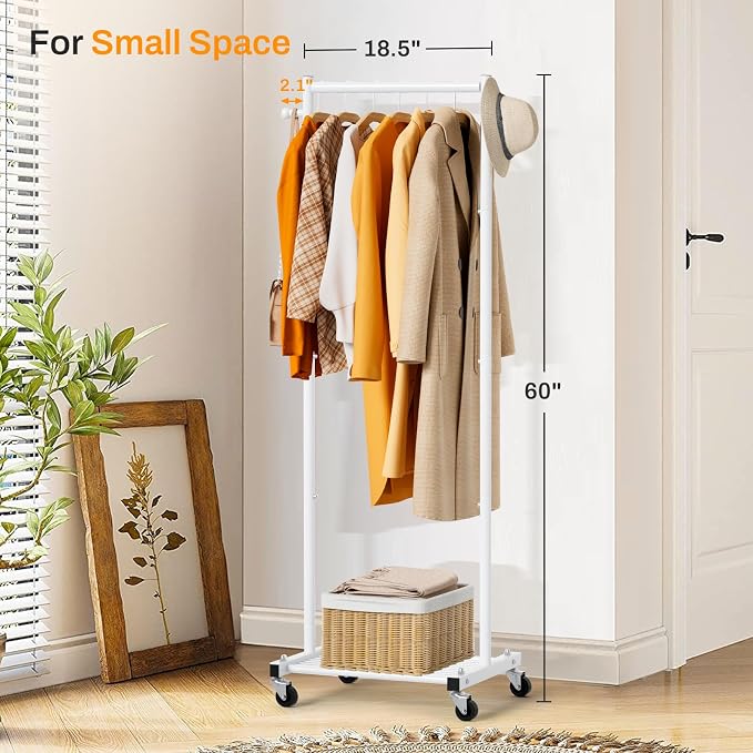 MISSLO Small Clothes Racks for Hanging Clothes Clothing Rack with Wheels 60" Garment Rack with Shelves Portable Rolling Wardrobe Rack for Small Space, White