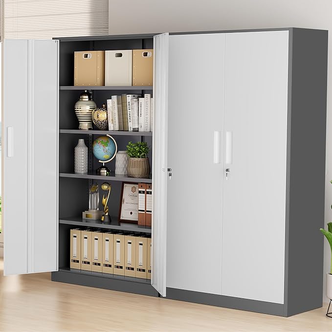 Greenvelly Metal Garage Storage Cabinet, 72" Steel Locking Storage Cabinet with 2 Doors and 4 Adjustable Shelves, Metal Tool Cabinets, Lockable File Cabinets for Home Office, Garage (Gray White)