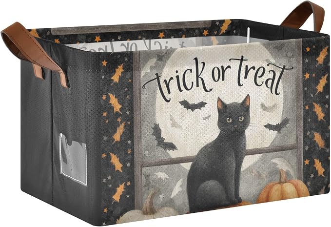 Trick Or Treat Fall Halloween Cat Storage Basket Foldable Cube Storage Bins with Handles&Label Waterproof Organizer Box Bin Large Rectangle Decorative Baskets for Shelves Home Room Laundry
