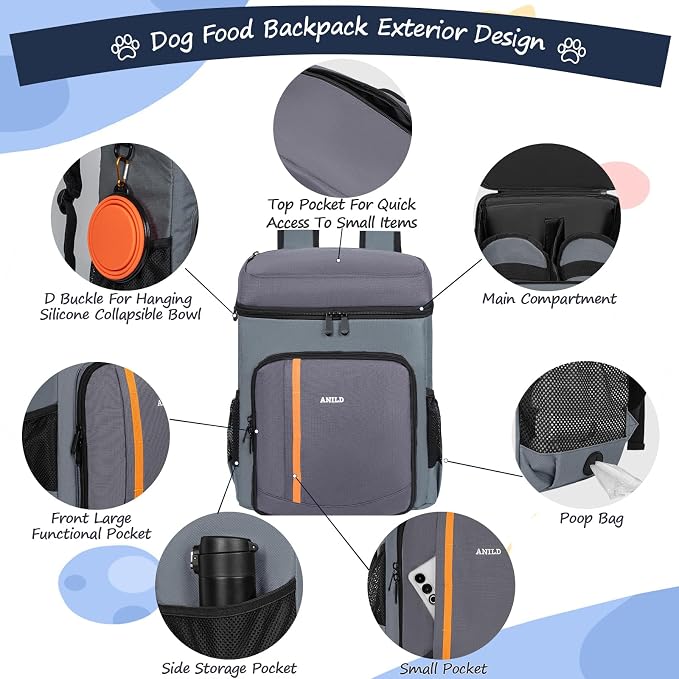 ANILD Dog Travel Bag Backpack, Flight-Ready TSA-Approved Dog Travel Bag with 2 Leak-Proof Food Canisters, 2 Foldable Silicone Bowls, Multi-Compartment Organizer for Hiking, Camping, Dog Mom Essentials