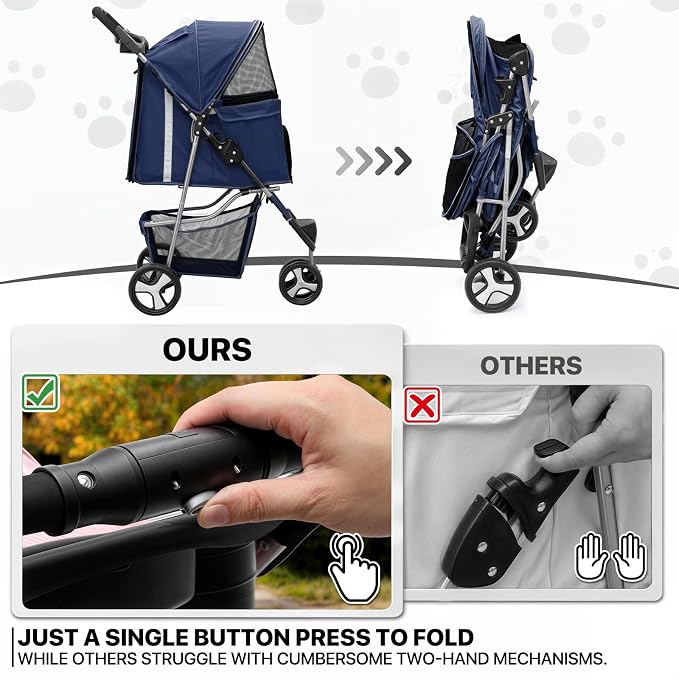 MoNiBloom Pet Stroller for Small/Medium Dogs and Cats up to 33 lbs, Blue | Foldable Dog Stroller 3 Wheels Pet Strolling Cart w/ Storage Basket Cup Holder, Breathable and Visible Mesh for All-Season
