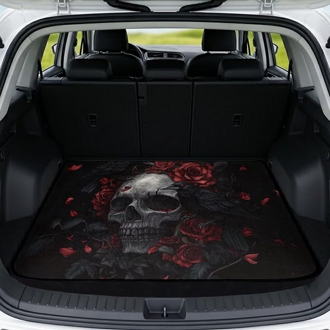 Rose Skull Print Durable Car Trunk Mat 29" x 39", Gothic Floral Non Slip Cargo Liner for Cars Trucks, All Weather Washable Pet Friendly Rear Trunk Liners