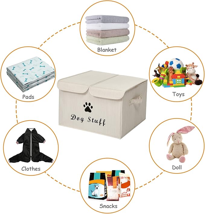 Large Storage Boxes - Large Linen Fabric Foldable Storage Cubes Bin Box Containers with Lid and Handles for Dog Apparel & Accessories, Dog Toys(BambooiBeige)