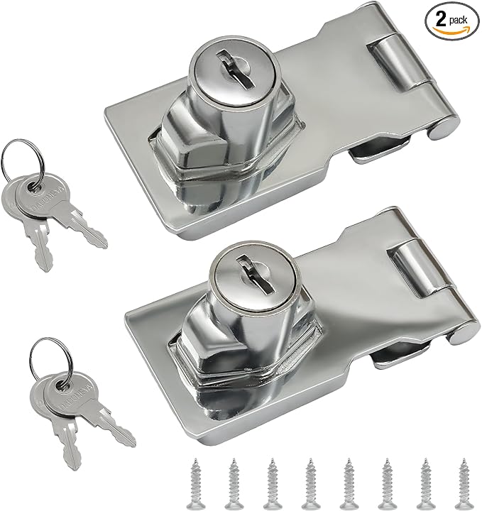 2 Pcs 2.5 Inch Hasp Lock, Silver | Metal Twist Knob, Keyed Locking, With Keys, With Screws, For Small Doors Cabinets Toolboxes Storage Units