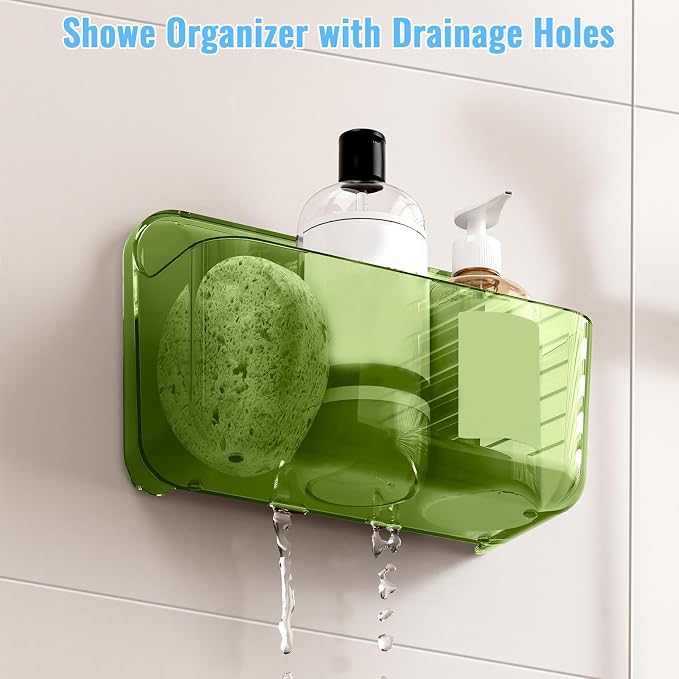 CGBE 2-Pack Cabinet Door Organizer, Self Adhesive Bathroom Shelves, Green | Acrylic Shower Caddy, Wall Mounted Storage, No Drilling, Automatic Draining, For Cabinet Door and Shower Wall