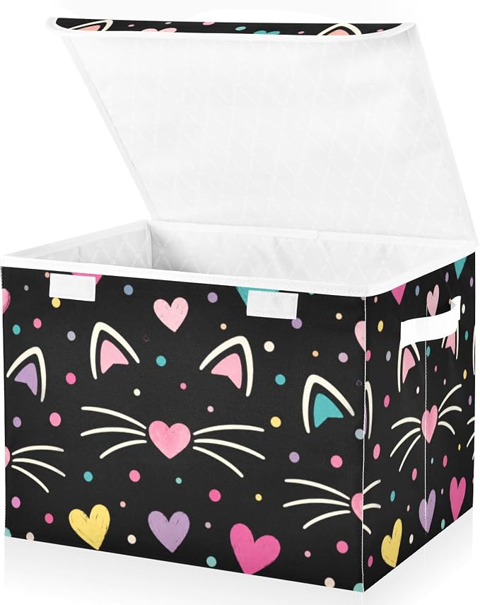 Cat Heart Fabric Storage Bins with Lid Foldable Decorative Storage Boxes | Decorative Storage Boxes, Foldable & Stackable, Dust-Proof Flip Top, Reinforced Handles, For Home & Dorm, Clothes & Toy Box