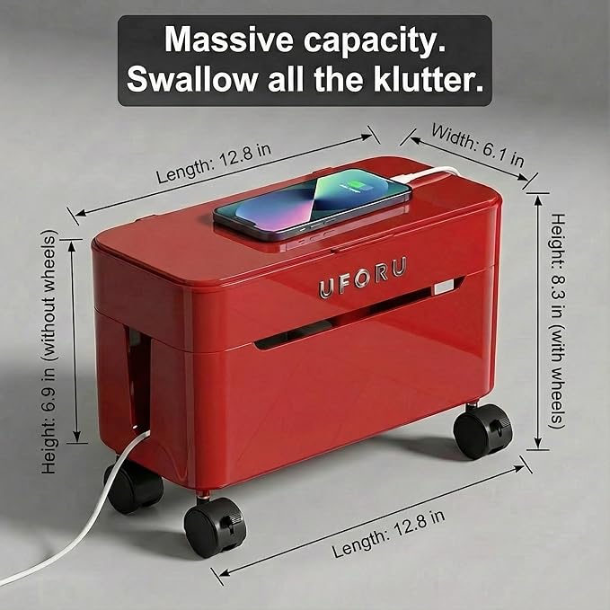 2-Tier Rolling Cable Management Box with Wheels (Large) – Mobile Power Strip Hider & Cord Organizer – Under Desk Wire Concealer & Charging Station Organizer – Baby & Pet Proof Safety (Retro Red)