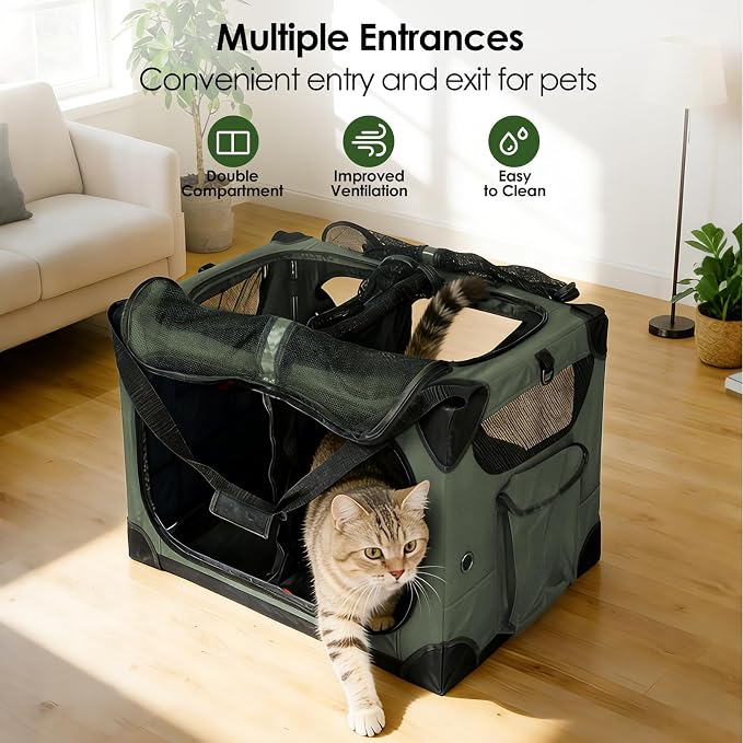 Extra Large 2-Cat Foldable Pet Travel Carrier,24"x17"x17",Green | Removable Divider, Metal Frame Support, Breathable Mesh Panels, With Storage Tote & Padded Straps