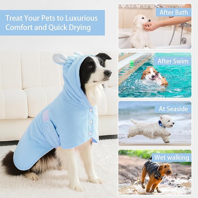 Pet Bathrobe Towel Dog Cat Drying Coat Super Absorbent Cute Dogs Bath Towel Hooded Robe Adjustable Collar & Belly Strap for XSmall to XLarge Pets (Blue, Small)