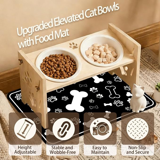 2026 New Elevated Cat Bowls with Food Mat, Adjustable Height & Angle Raised Cat & Dog Bowls Stand for Food and Water, Cat or Small Dog Feeding Station, 2 Ceramic Bowls for Cats and Puppy(Natural Wood)