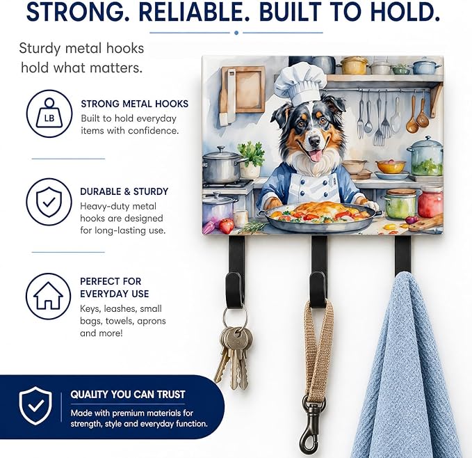 Caroline's Treasures Australian Shepherd The Chef Leash or Key Holder Wall Hooks, Key Hooks Holder, Coat Rack Wall Mount, Coat Hooks, Hooks for Hanging Keys, Towels, Aprons, Leashes | Australian Shepherd The Chef artwork on ceramic tile with three stee...