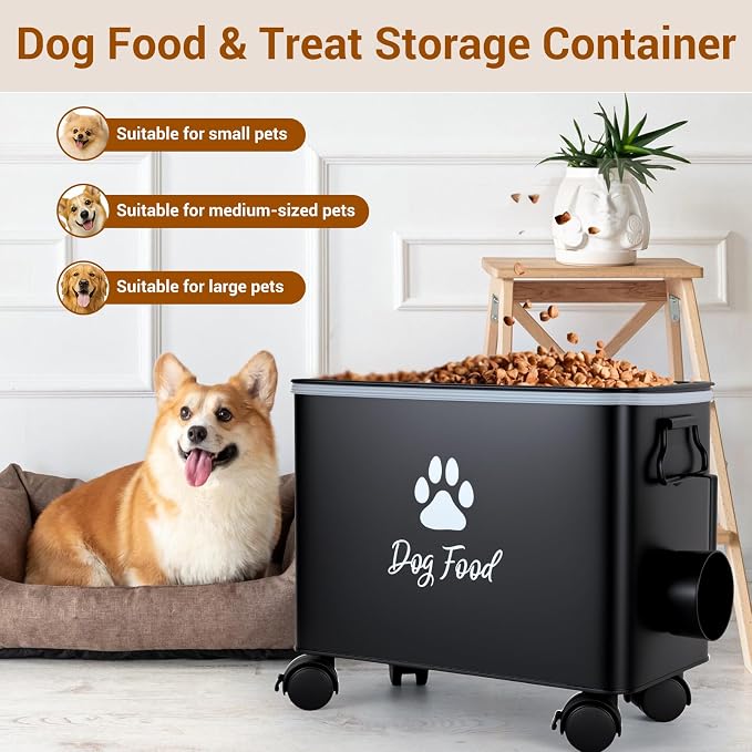 Dog Food Container 13lb, Cute Pet Food Storage with Metal Lid Scoop | Black Metal Storage Bin for Dog/Cat with Wheels,Easy to Move, Need to install