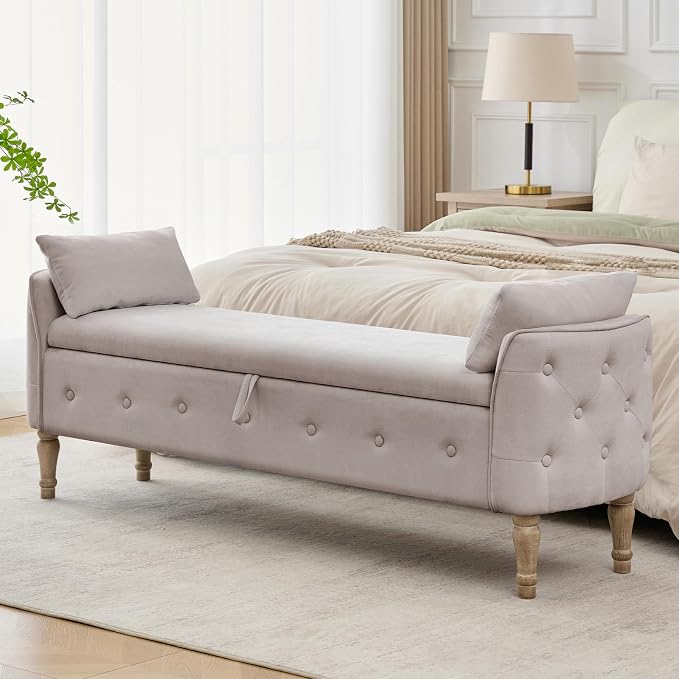67"End of Bed Storage Bench King Size,Upholstered Bedroom Bench,Khaki | Linen Storage Bench for Bedroom End of Bed ,2 Cushion, Vintage Wood Legs ,Tufted,Storage Ottoman Bench for Entryway Window