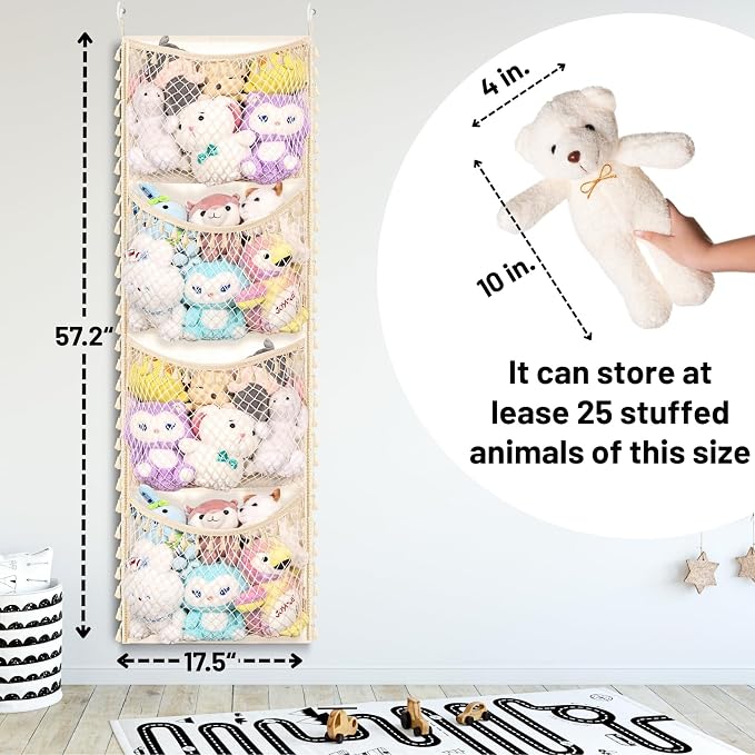 Over The Door Stuffed Animal Storage, Cotton Toy Organizer for Storage Plush Toys,Baby Supplies, Stuffed Animal Holder with 4 Large Pockets, Hanging Door Organizer for Nursery, Bedroom (Tassel)