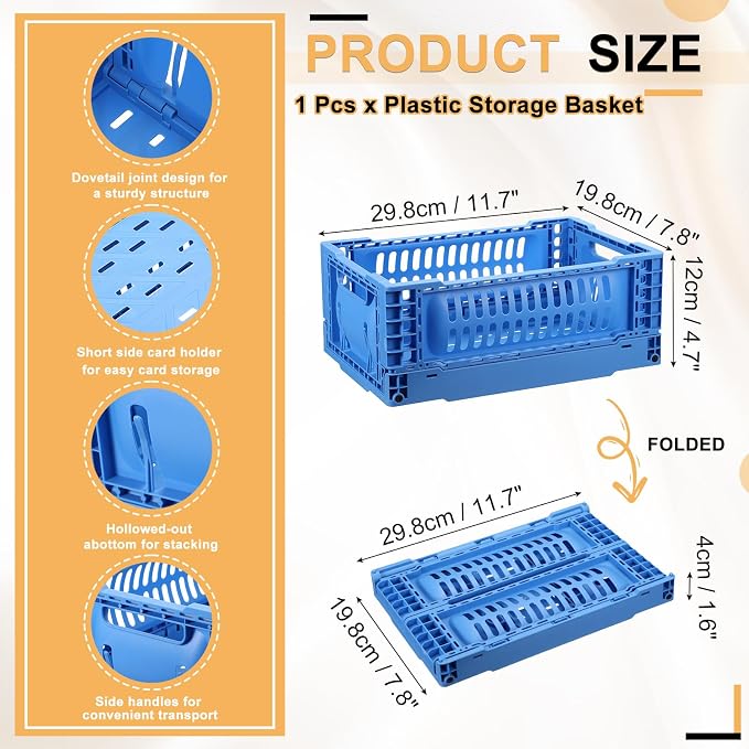 uxcell Collapsible Crates, 11.7x7.8x4.7 Stackable Plastic Storage Baskets with Handle Small Storage Containers for Bedroom Office Classroom Bathroom Desktop Organizer Decor, Blue