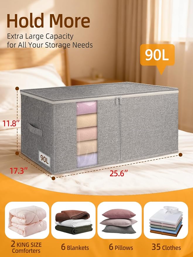 90L Rigid-Structured King Size Comforter Storage Bags, 4Pack, Gray | Rigid Sides & Bottom, Stackable & Foldable Design, for King Quilts, Bedding, Pillows and Clothes, Closet & Dorm Organization