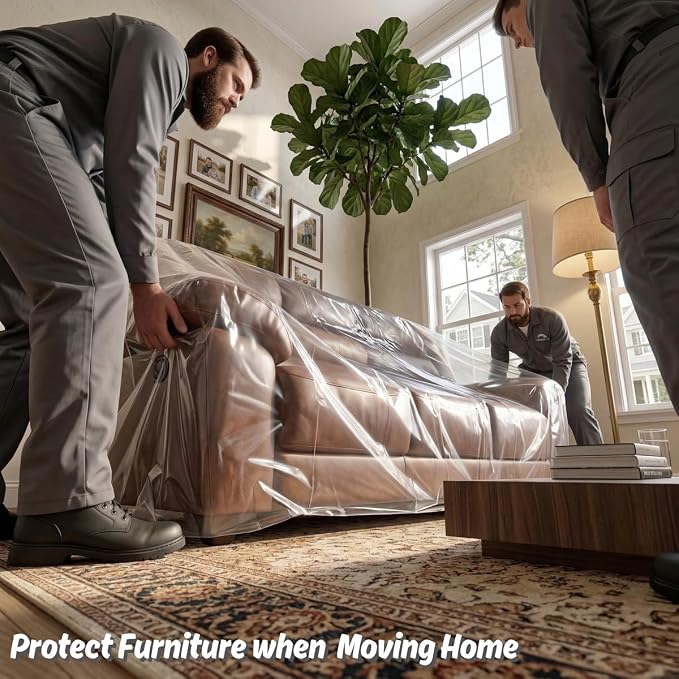 Wowfit 4mil Furniture Cover for Moving, Couch Storage Bag, 68.1Wx42Dx62/41H | With Tape Strips & Labels, Clear, Heavy Duty, Waterproof, Dustproof, Loveseat/Recliner, Sectional Piece, Garage, Outdoor