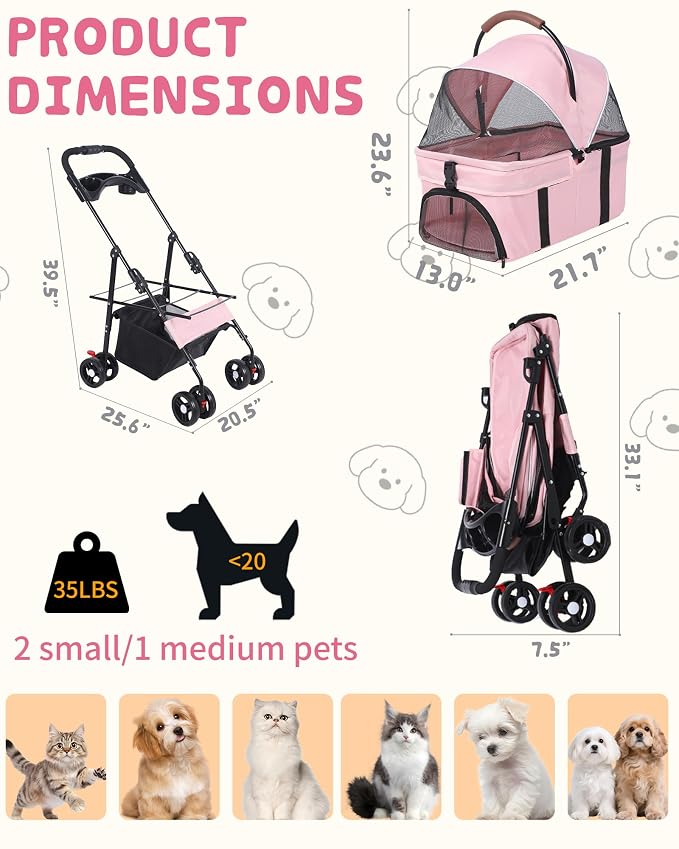 Pet Stroller, 3 in1 Foldable Dog Cat Stroller with Detachable Carrier-35lbs | Lightweight Foldable Dog Stroller, All-Terrain 4 Wheels, Compact Travel Pet Stroller for Small to Medium Pets-Pink