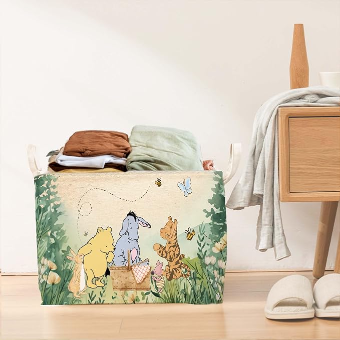 Winnie Nursery Decor, the Pooh Baby Stuff, Winnie Storage Nursery Basket, Large squarecanvas Laundry Hamper With A Waterproof PECoating, Foldable, Toys Bin, Baby Nursery HamperDecor, Classic