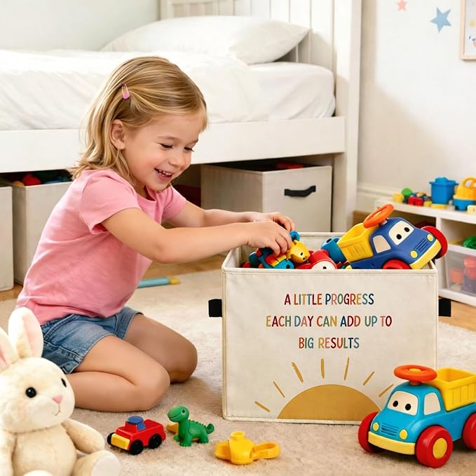 Progress Sun Foldable Fabric Storage Bin | A Little Progress Each Day sun pattern design; foldable fabric storage bin for kids room, nursery, toys, books, clothes.