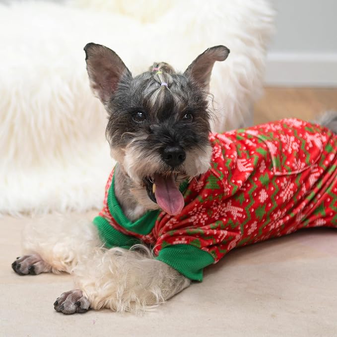 PUPTECK Soft Fleece Dog Pajamas for Small Medium Dogs, Dog Onesie Puppy Sweaters Clothes Jumpsuit Pjs, Cute Jammies Cat Coat Pet Costume Apparel, Red&Green XL
