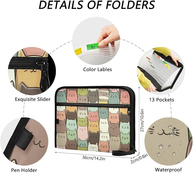 13 Pocket Zipper Expanding File Folder A4 Cat Funny Cartoon | Accordion File Organizer with Front Pouch A4 Letter Size Portable Folders for Documents Receipt School Office Supplies