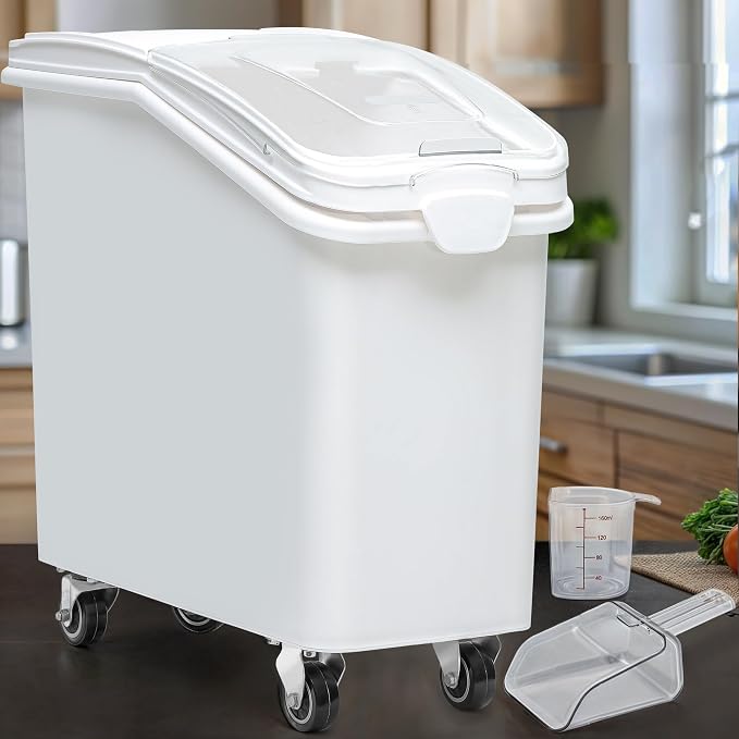 YITAHOME 27 Gallon Ingredient Bin, Commercial Food Container with 625 Cups, Large Flour Storage Container Bin with 360° Wheels, Scoop and Lid for Kitchen, White