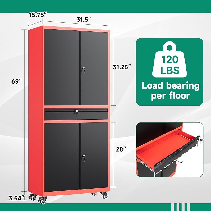 Metal Garage Storage Cabinet with Wheels,Rolling Tool Cabinet with Adjustable Shelves and Drawer for Garage Home Utility Room (Red)