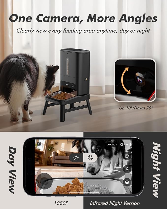 Automatic Dog Feeder for Large Breed with Camera - 15L/ 64 Cups Anti-Clog 5G WiFi Dog Food Dispenser for 2-23mm Kibble, Elevated Stand, Large Food Tray, 1080P HD Video with Night Vision, Keeps Fresh