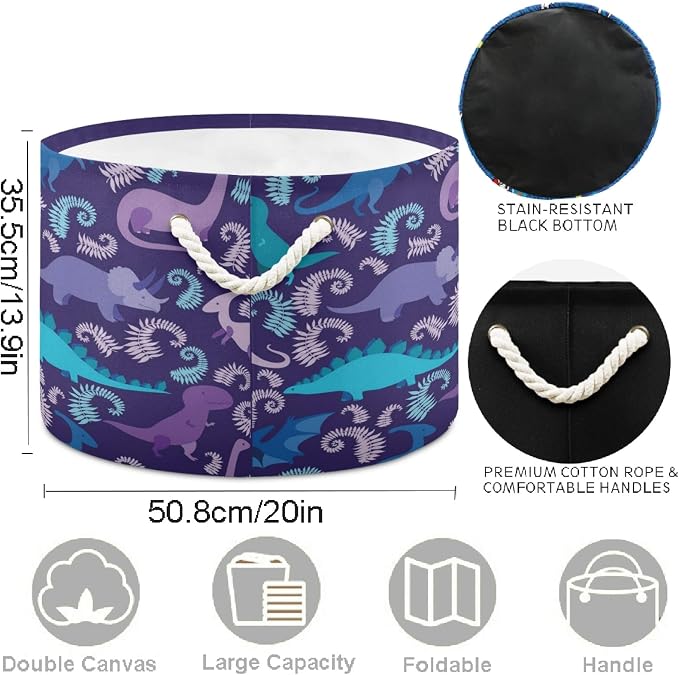 visesunny Blue And Purple Dinosaur Animal Nursery Hamper Basket Clothes Toy Storage Organizer Bin Box Collapsible Laundry Bag for Kid Room,Playroom,Bathroom,Living Room,Dorm