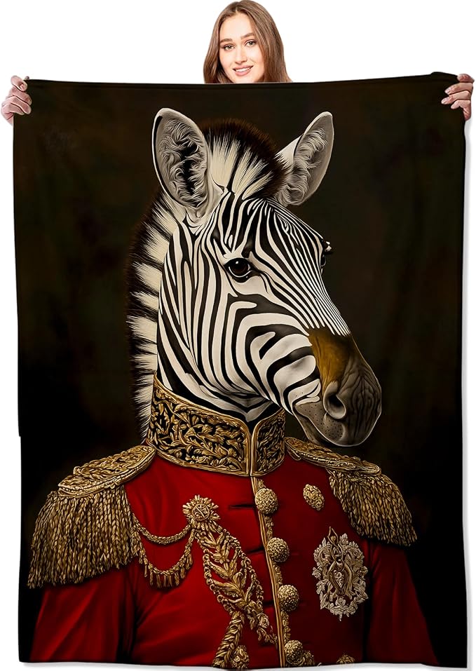 Cool Zebra Blanket Animal in Military Uniform Throw Blankets,Gifts for Adult Women Men,Lightweight Soft Fleece,Fantasy Lovers,Sofa Couch Bed Room Art Decor 50x60in