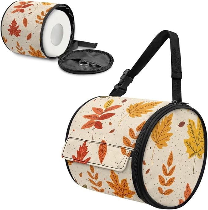 Hanging Paper Tower Holder Wall Mounted Cylinder Toilet Paper Roll Storage Holder with Adjustable Strap Easy to Install 6.3 * 6.3 * 6.3 Inch,Falling Leaves