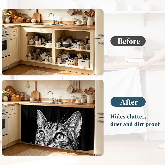 Cute Cat Cabinet Curtain 32"Wx55"L, Dustproof Pantry Door Curtain with Self Adhesive Tape, Vintage Funny Pet Cat Portrait Black Tall Storage Cover Privacy Drape for Bathroom Kitchen Laundry Room