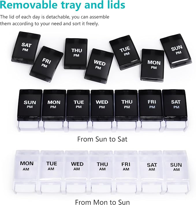Large Pill Boxes and Organizer 2 Times a Day, MOLN HYMY 7 Day AM PM Pill Case, 14 Compartments Pill Dispenser to Hold Big Vitamin Supplements Fish Oil (Black+White)