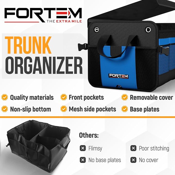 FORTEM Trunk Organizer - Collapsible Car Organizer & Storage Bag for SUVs | Car Accessories for Men & Women, Cooler Bag, Non Slip Bottom, Straps, Soft Cover, 1680D Oxford, 6 Compartments, Blue, 110L