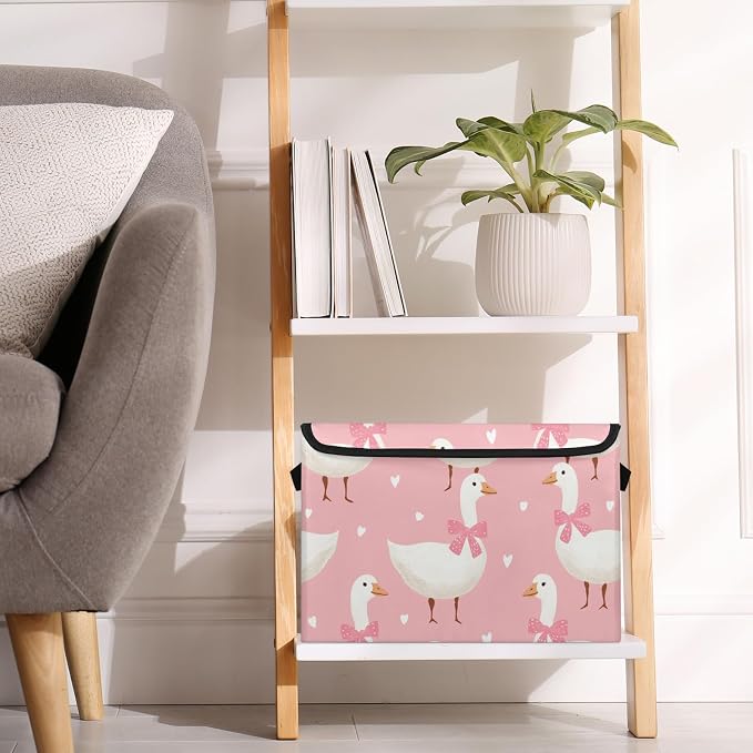 Cute Goose Storage Bins with Lids, Pink Bow Foldable Storage Boxes with Carrying Handle Organizer Containers Baskets Cube for Home Bedroom Closet