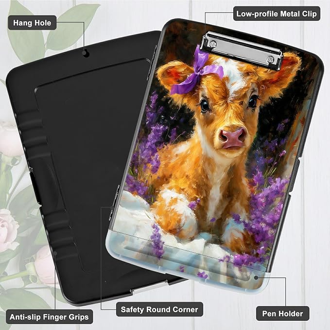 A4 Clipboard with Storage Pen Holder, Clipboards Organizer Nursing Clipboard Foldable File Folder Plastic Clipboard Folio Clip Board for Office Work Classroom Doctor, Lavender Cow