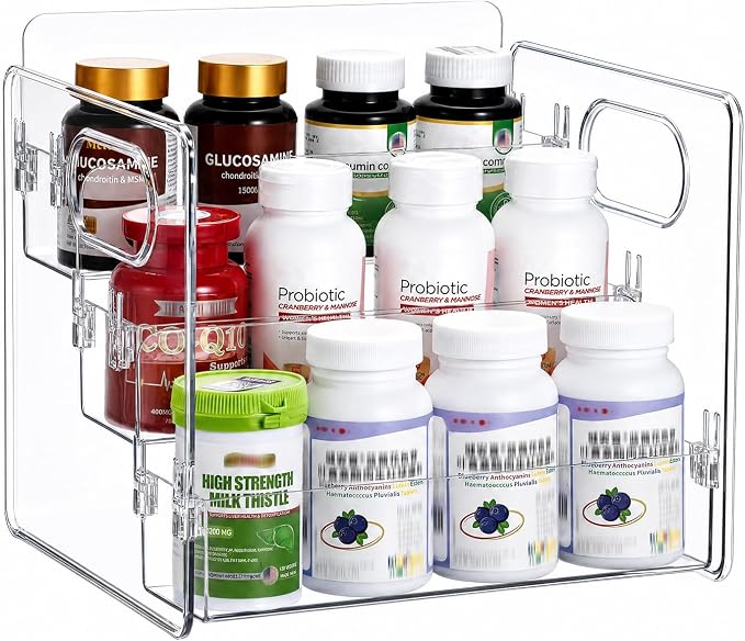 BSTKEY 3 Tier Vitamin Storage Organizer, Acrylic Organizer for Vitamin Bottles Medicine Bottle Prescription Bottles, Pill Bottle Organizer, Spice Rack Vanity Organizer for Cabinet Kitchen Countertop