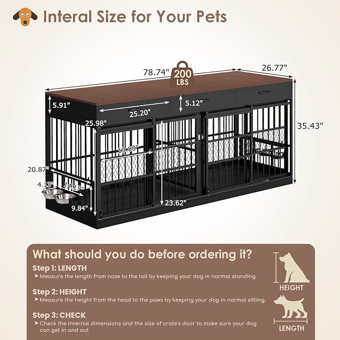 78.7" Extra Large Dog Crate Furniture TV Stand w/ 3 Drawers for 2 Dog | 2-in-1 crate & TV stand w/ removable divider. 3 drawers. 360° steel bowls. Heavy-duty, chew-proof. Fits large breeds.