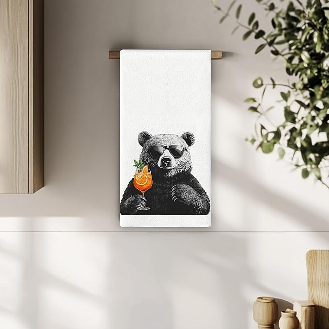 Funny Bear Aperol Spritz Kitchen Towels, Cocktail Lovers Gifts, Home Bar Decor, Aperol Spritz Cocktail Decorative Hand Towels Dish Towels for Kitchen Homebar, 16x24 Inch