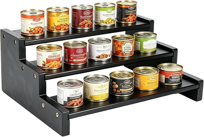 Black Bamboo Can Organizer for Pantry, 3-Tier Countertop Storage Rack for Canned Food, Soda, Soup and Pet Food, Tiered Cabinet Shelf Display