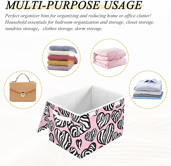 Zebra Heart Pink Storage Bins with Lids Closet Bedroom 40L Storage Basket | Decorative Storage Boxes, Foldable & Stackable, Dust-Proof Flip Top, Reinforced Handles, For Home & Dorm, Clothes & Toy Box