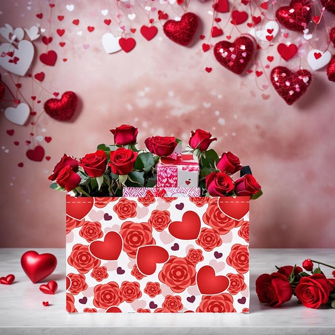 Valentine's Day Basket for Gifts Empty Cute Heart Large Gift Basket Decorative Storage Bin for Kid and Baby Room Décor (Red Love Rose)