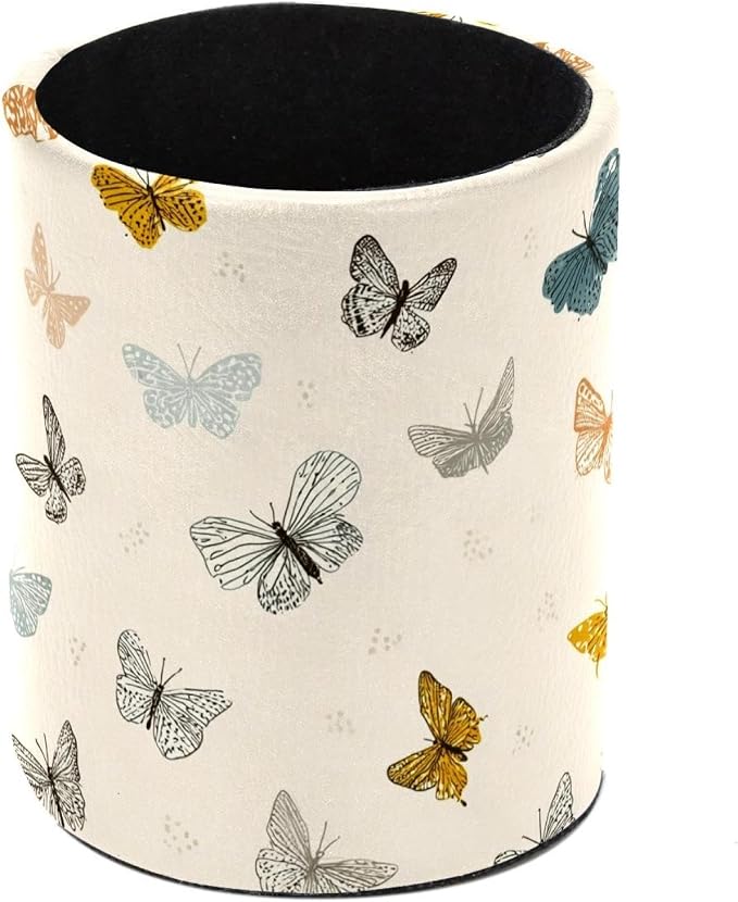 Faux Leather Pen Holder for Desk, Pencil Organizer Butterfly Pen Cup Desk Decor Makeup Brush Holder Storage for Office Home