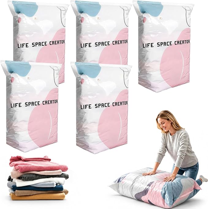 No Pump Vacuum Storage Bags,2026 New No Pump Large Vacuum Storage Compression Bags,Thick and Airtight Reusable Organizer Suitable for Clothes, Blankets, Bedding, Travel, and Closet Storage (5, Large)