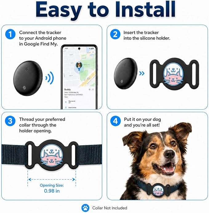 GPS Collar for Dogs, Pet Tracker for Dogs (Android Only), Waterproof Smart Tag Compatible with Google Find My, No Monthly Fee, Dog GPS Tracker Collar for Small Large Dogs (Android Tracker for Dog)