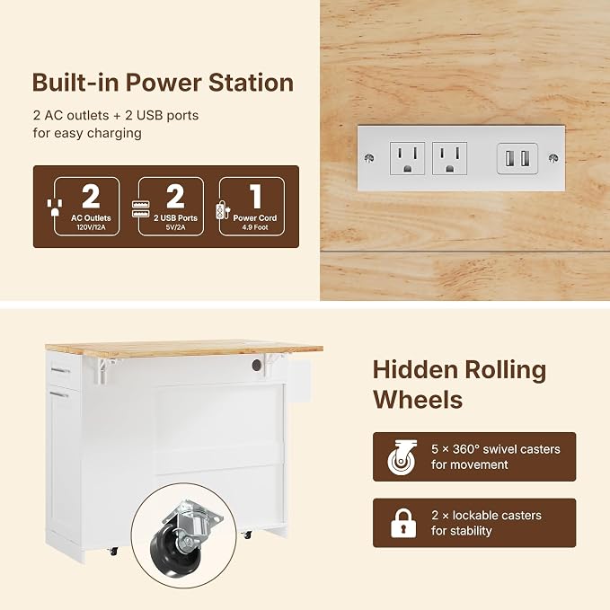 Dripex 41.5'' Kitchen Island with Power Outlet, Trash Cabinet & Storage | Rolling Kitchen Cart with Drop Leaf, Rubberwood Top, 3 Drawers, Mobile Kitchen Island on Wheels for Dining Room, White